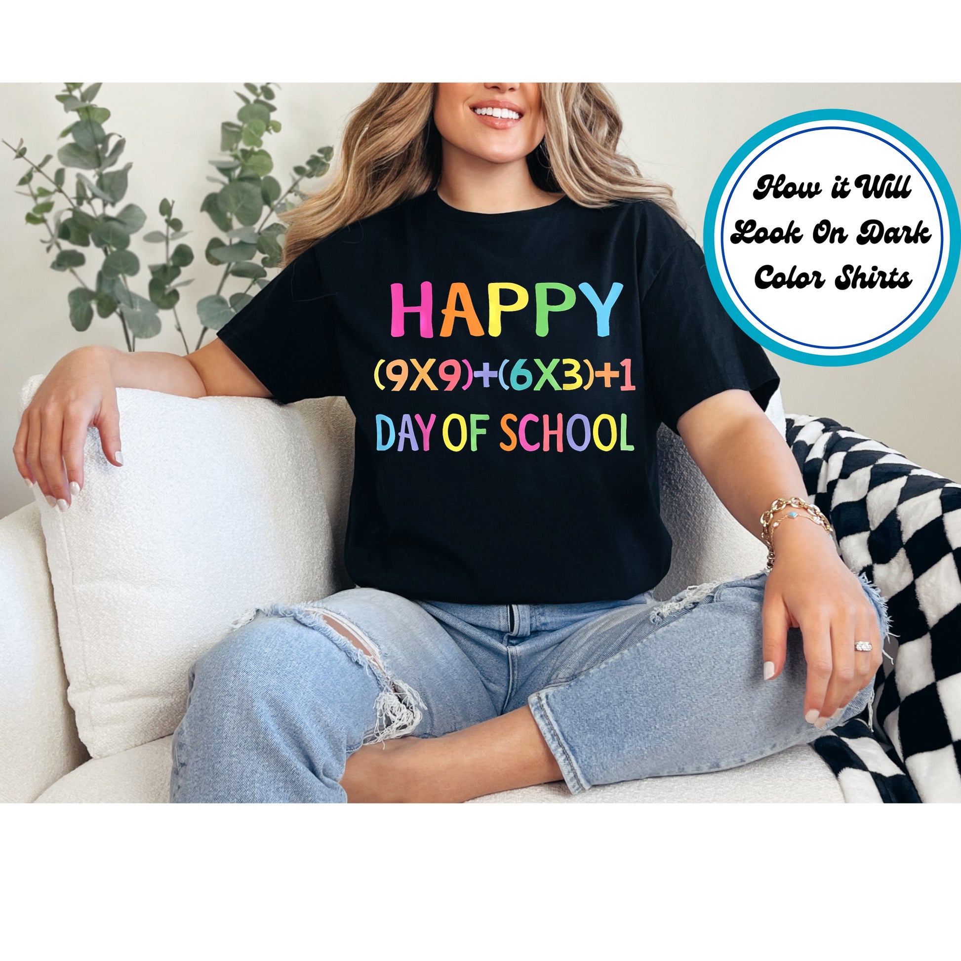 Colorful text design with a math equation forming "Happy 100th Day of School."