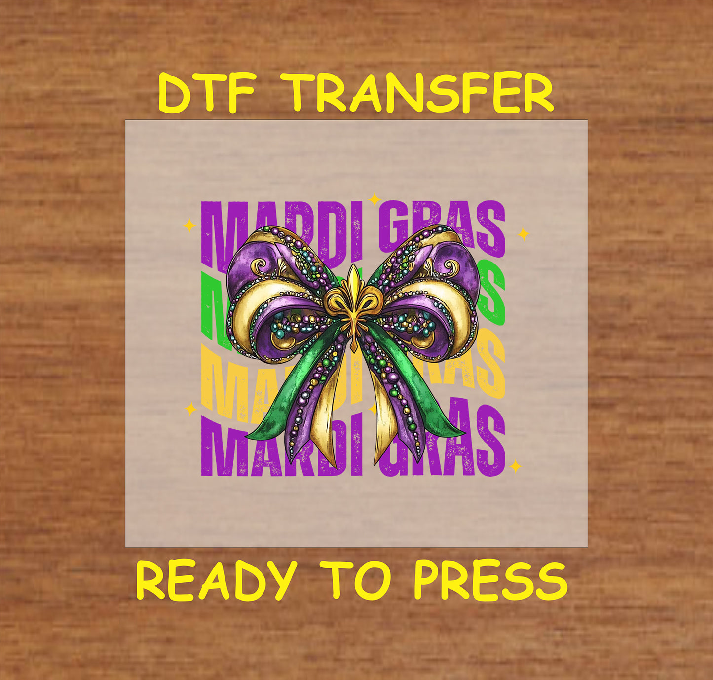 Mardi Gras bow with glitter accents, beads, and bold text background.