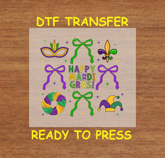 Happy Mardi Gras design with masks, bows, fleur-de-lis, jester hat, and king cake in festive colors.