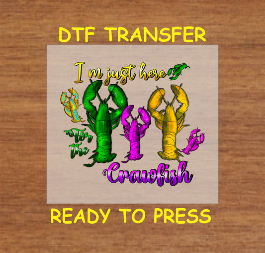 Mardi Gras DTF transfer with colorful crawfish and festive lettering.