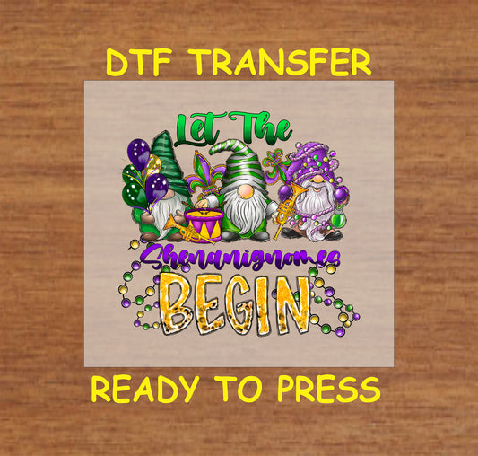 Mardi Gras DTF transfer with festive gnomes, beads, and musical elements.