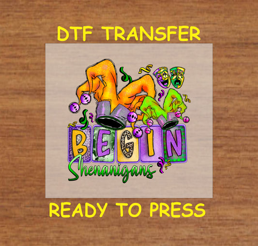 Mardi Gras DTF transfer with jester shoes, beads, and comedy-tragedy masks.