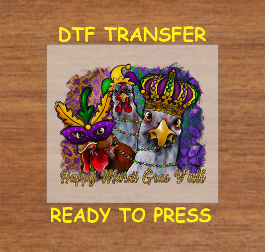Three chickens in Mardi Gras-themed accessories, including a mask, jester hat, and crown.