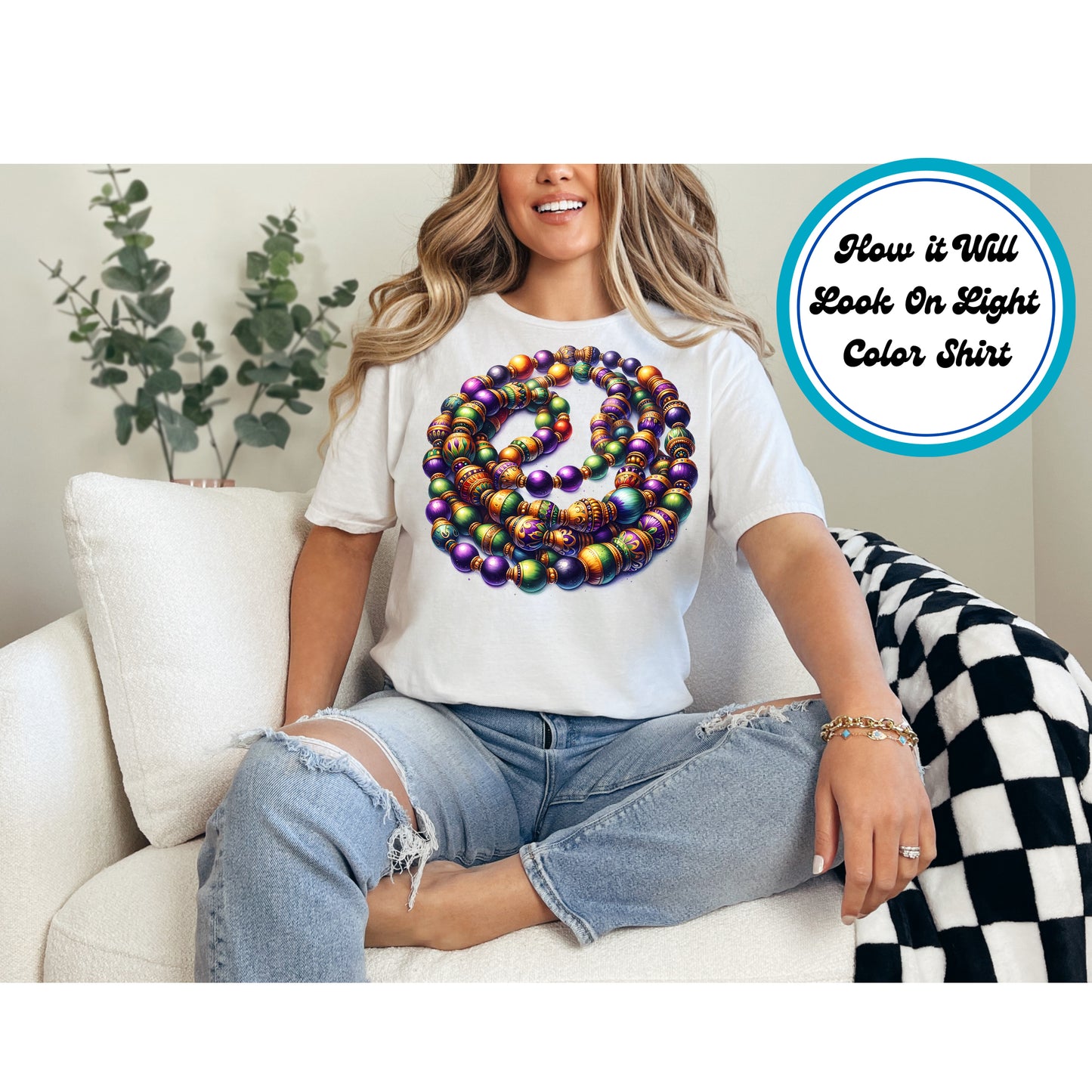 Mardi Gras bead DTF transfer with detailed gold, green, and purple beads.