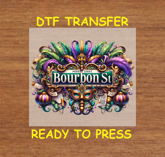 Bourbon Street Mardi Gras print with a mask, beads, feathers, and festive details.
