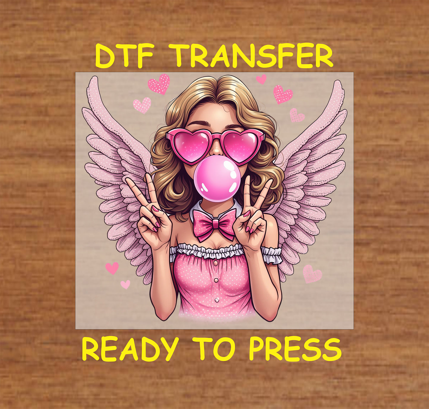 Pink-winged angel with heart sunglasses, blowing bubblegum, and peace signs.