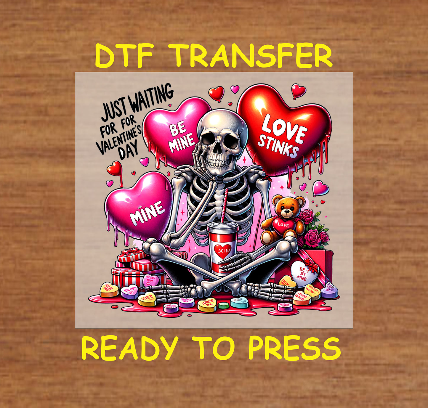 Skeleton with heart balloons, candy, and "Love Stinks" Valentine's theme.