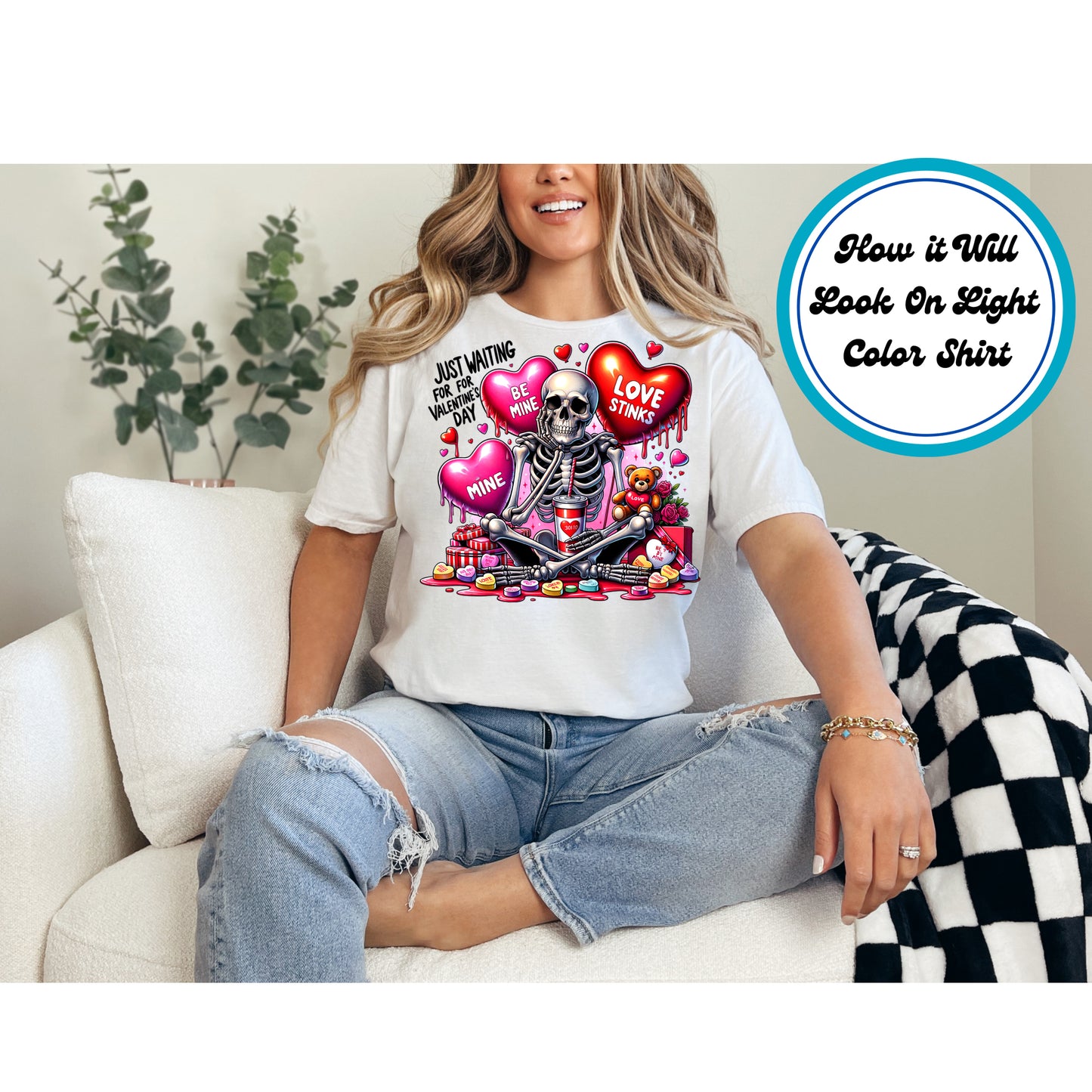 Skeleton with heart balloons, candy, and "Love Stinks" Valentine's theme.