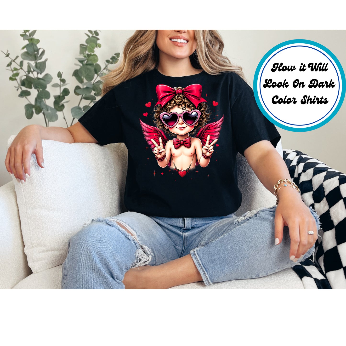 Playful cupid with heart sunglasses, red wings, and a big bow.