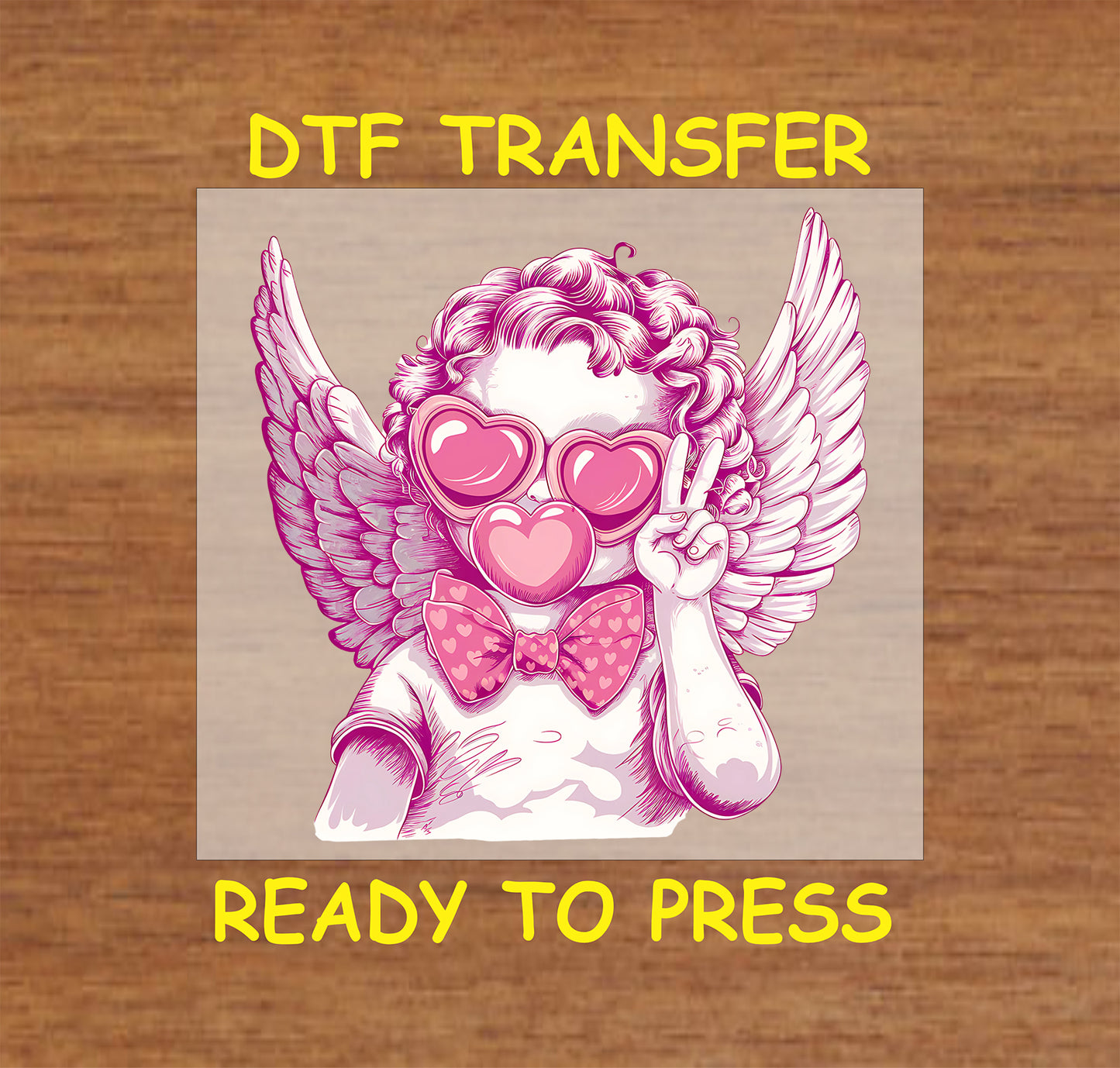 Retro sketch-style cupid with heart sunglasses, bow tie, and peace sign.