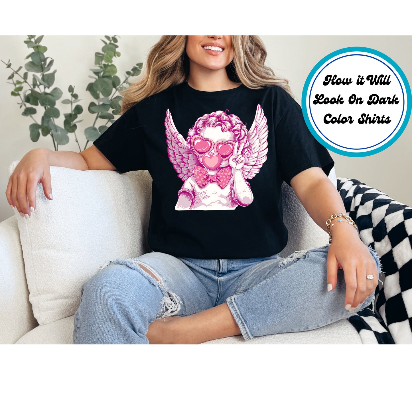 Retro sketch-style cupid with heart sunglasses, bow tie, and peace sign.