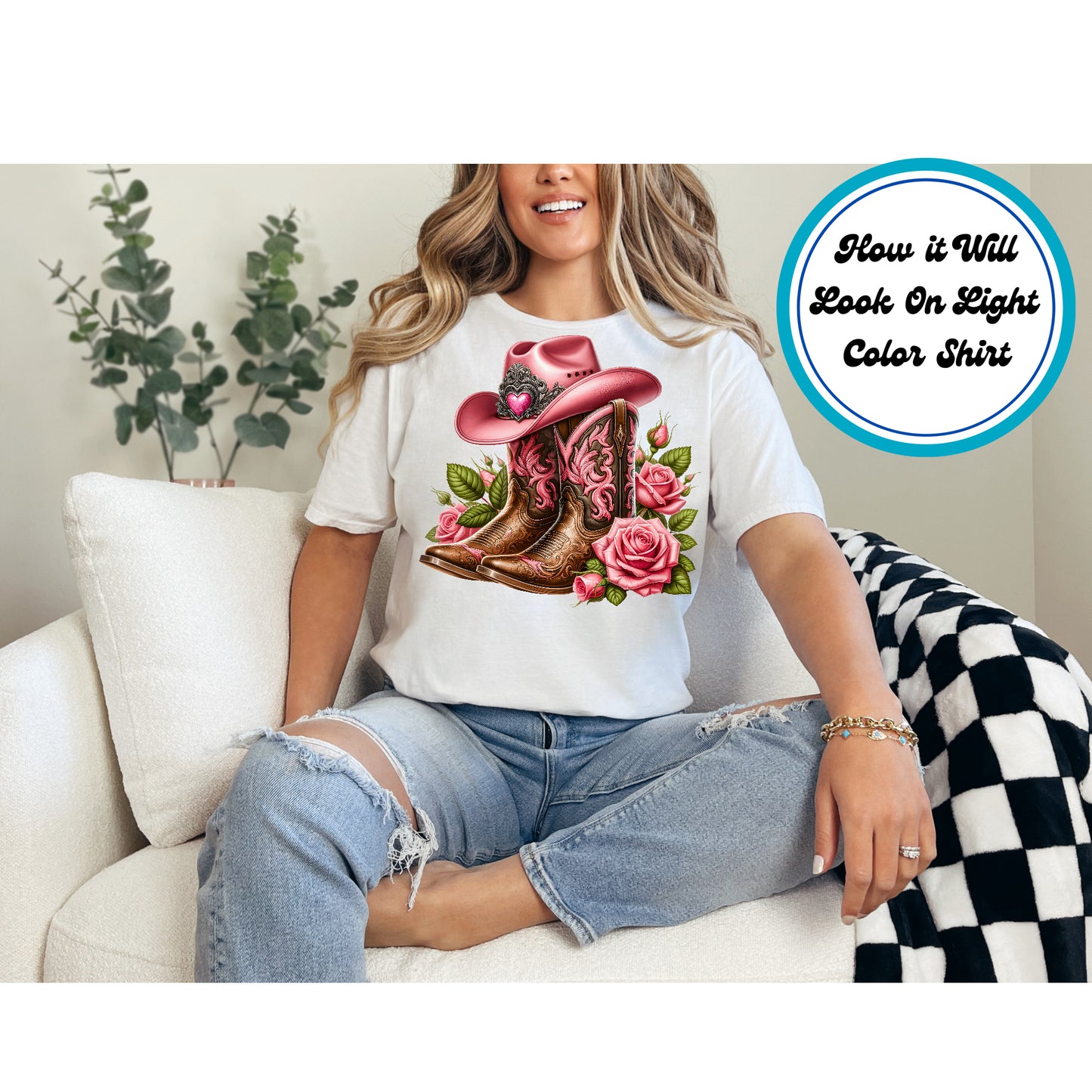 Pink cowgirl hat and boots with intricate designs and roses.