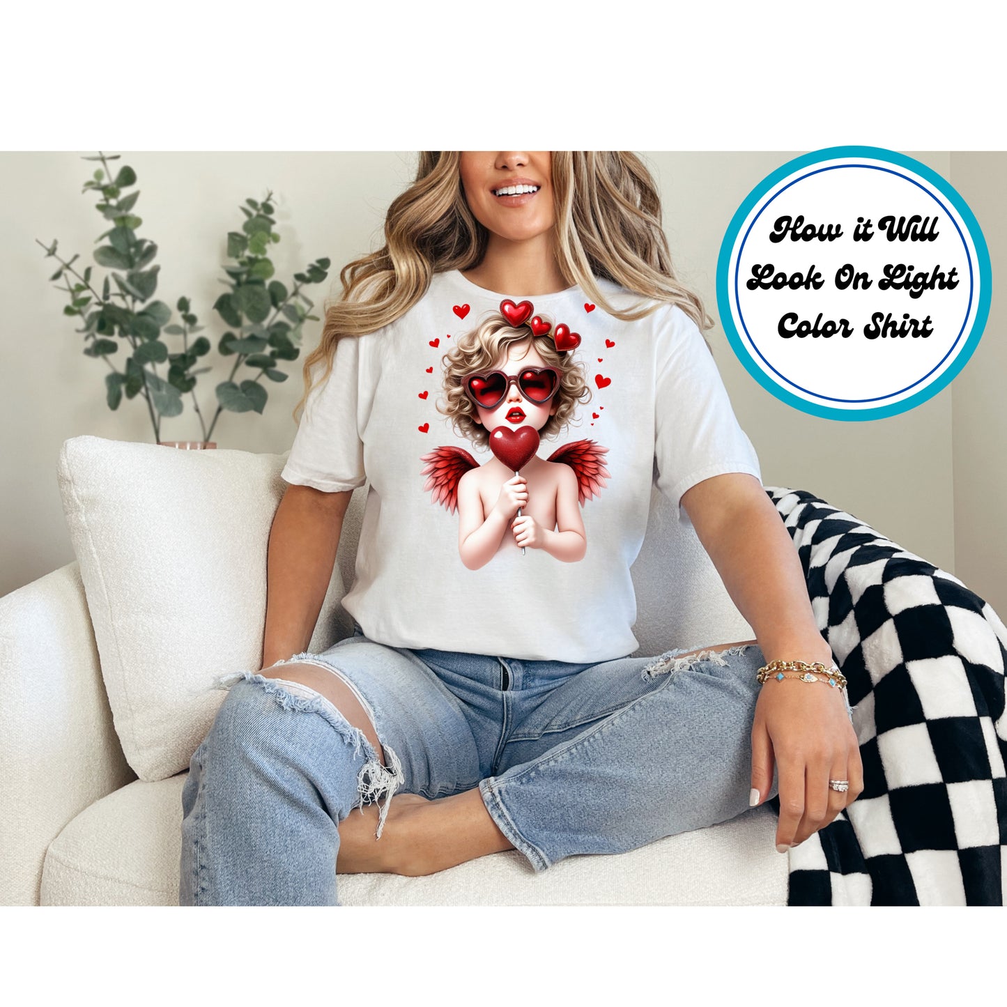 Cupid with red heart sunglasses, red wings, and a glittery heart lollipop.