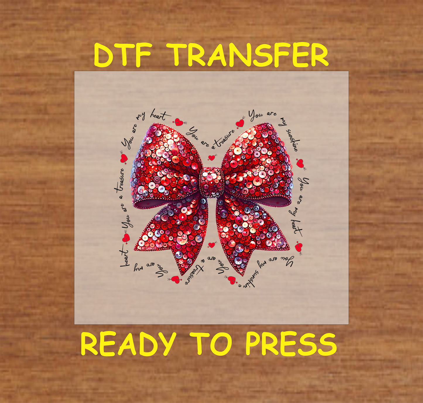 Red sequin bow with love quotes in a circular pattern.