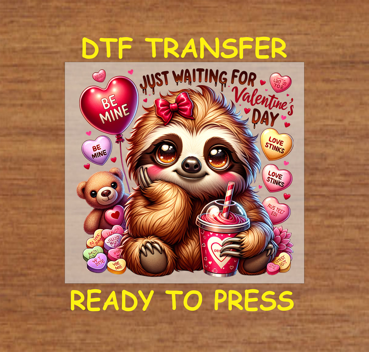 Cute sloth with heart balloons, a red bow, and a Valentine's drink.