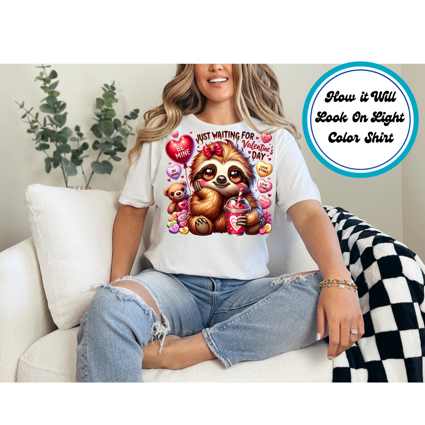 Cute sloth with heart balloons, a red bow, and a Valentine's drink.