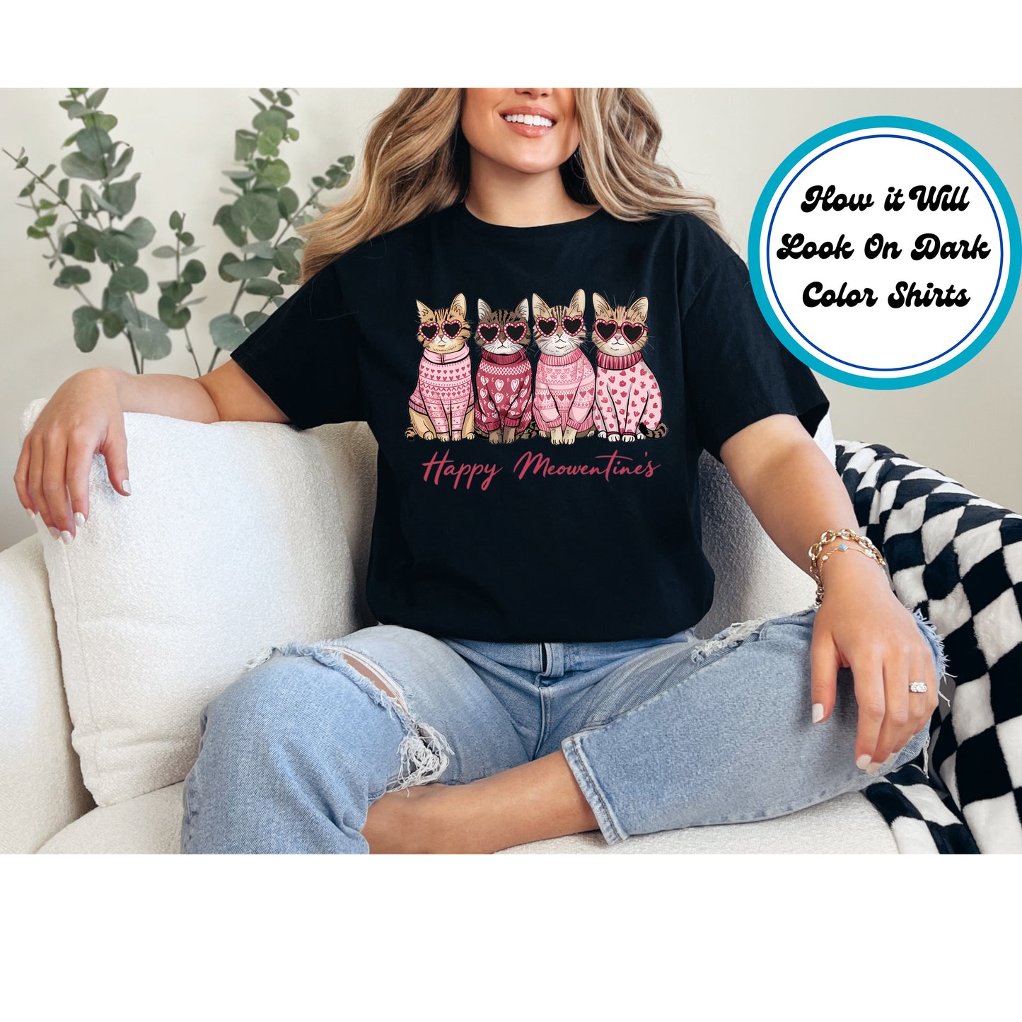 Four cute cats wearing heart sweaters and sunglasses with "Happy Meowentine’s" text.