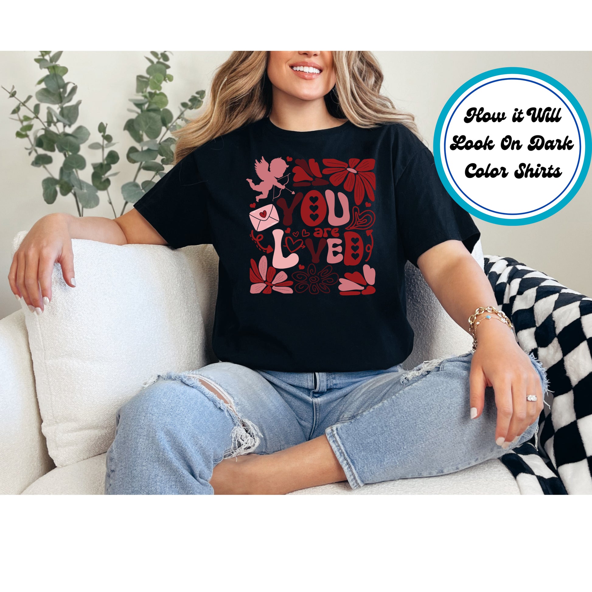 "You Are Loved" design with hearts, flowers, and cupid, perfect for Valentine's Day.