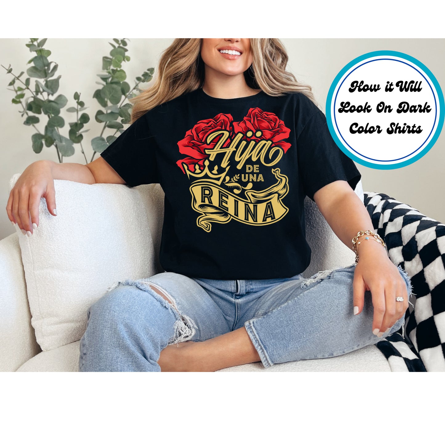 Hija de Una Reina DTF transfer with a crown, red roses, and gold lettering, perfect for Hispanic daughters.