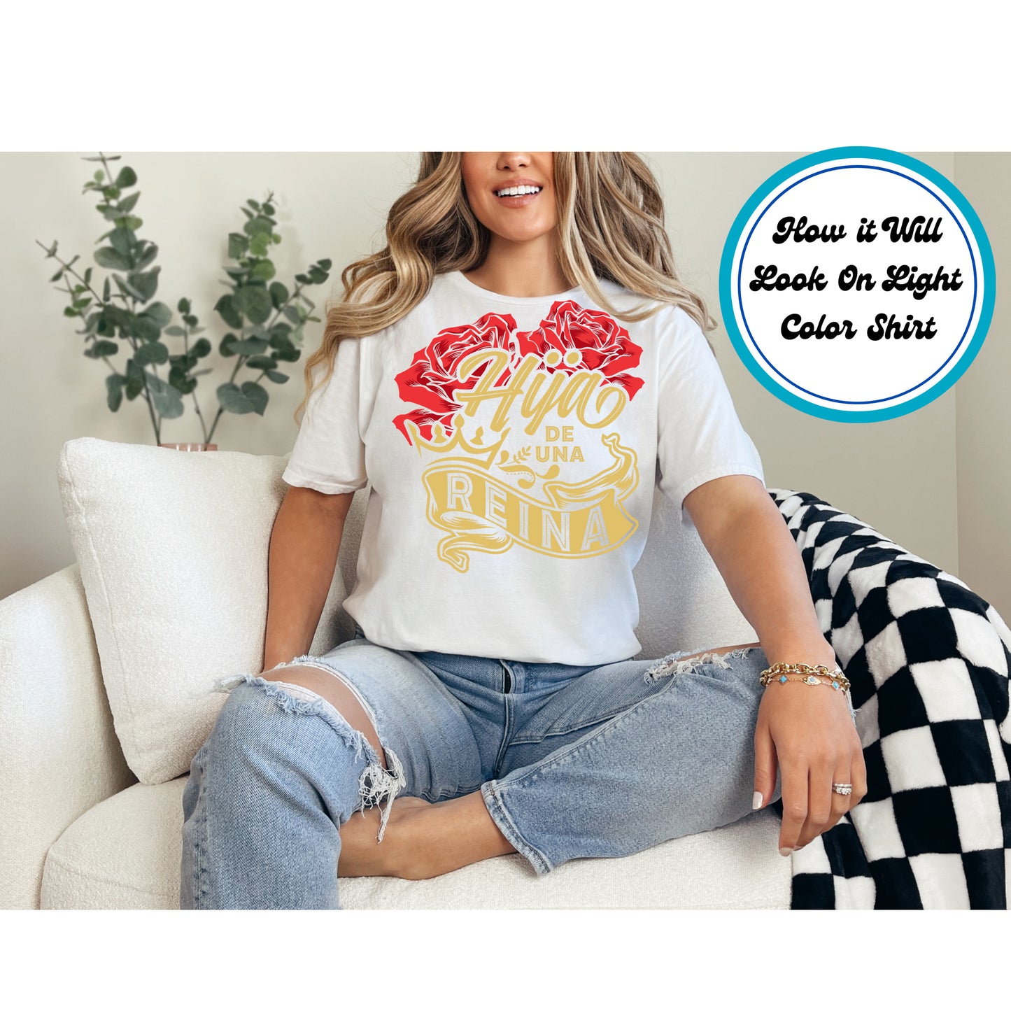 Hija de Una Reina DTF transfer with a crown, red roses, and gold lettering, perfect for Hispanic daughters.