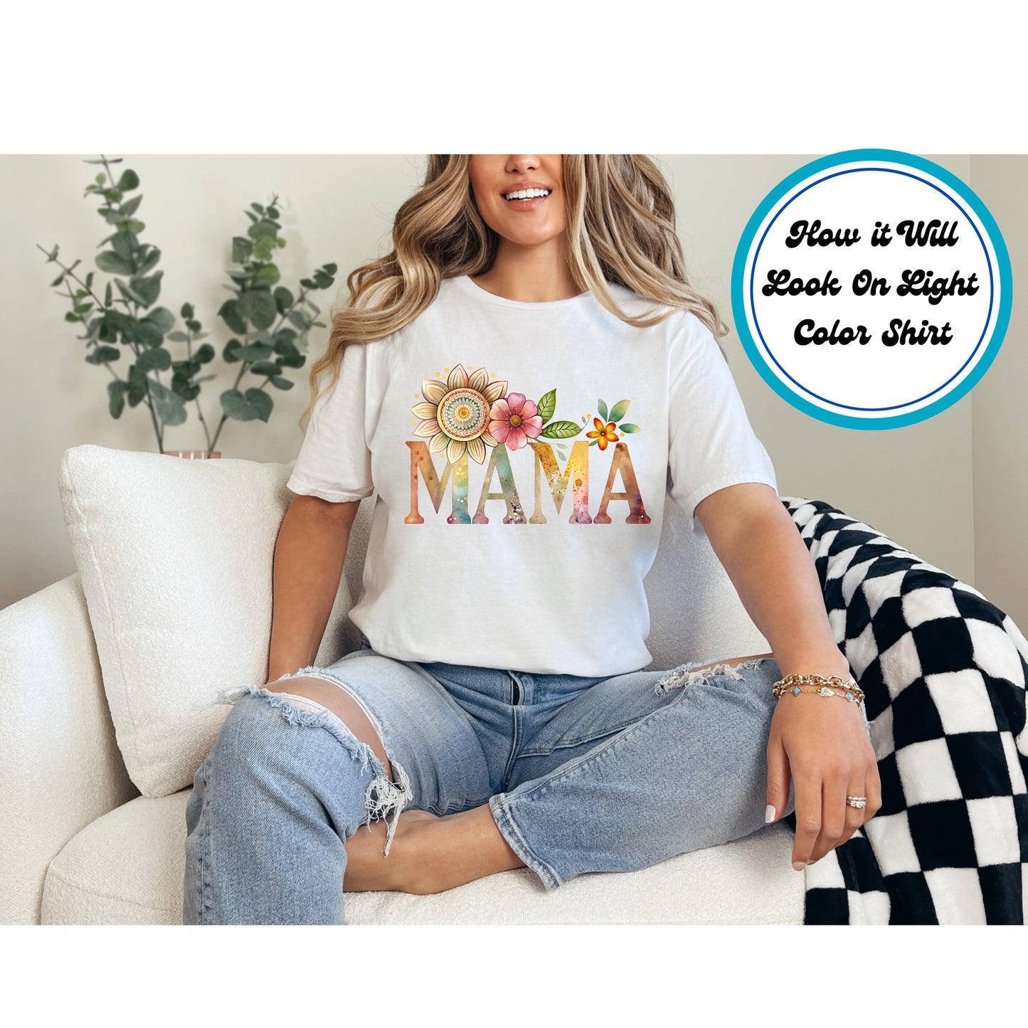 Boho Mama DTF transfer with watercolor floral accents, perfect for Mother’s Day gifts.