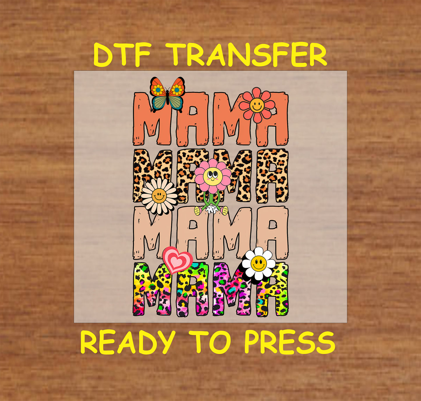 Colorful Retro Mama DTF transfer with stacked text, smiley flowers, and mixed prints, perfect for Mother’s Day.