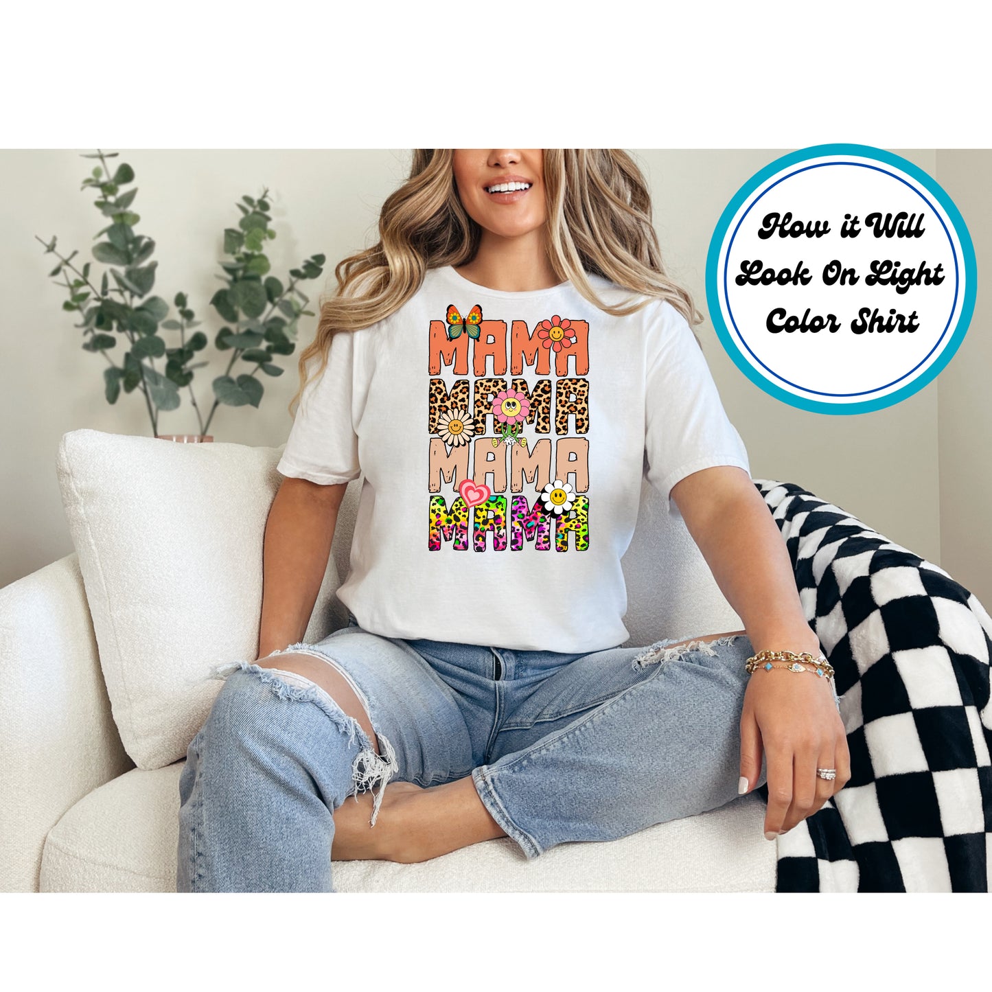 Colorful Retro Mama DTF transfer with stacked text, smiley flowers, and mixed prints, perfect for Mother’s Day.