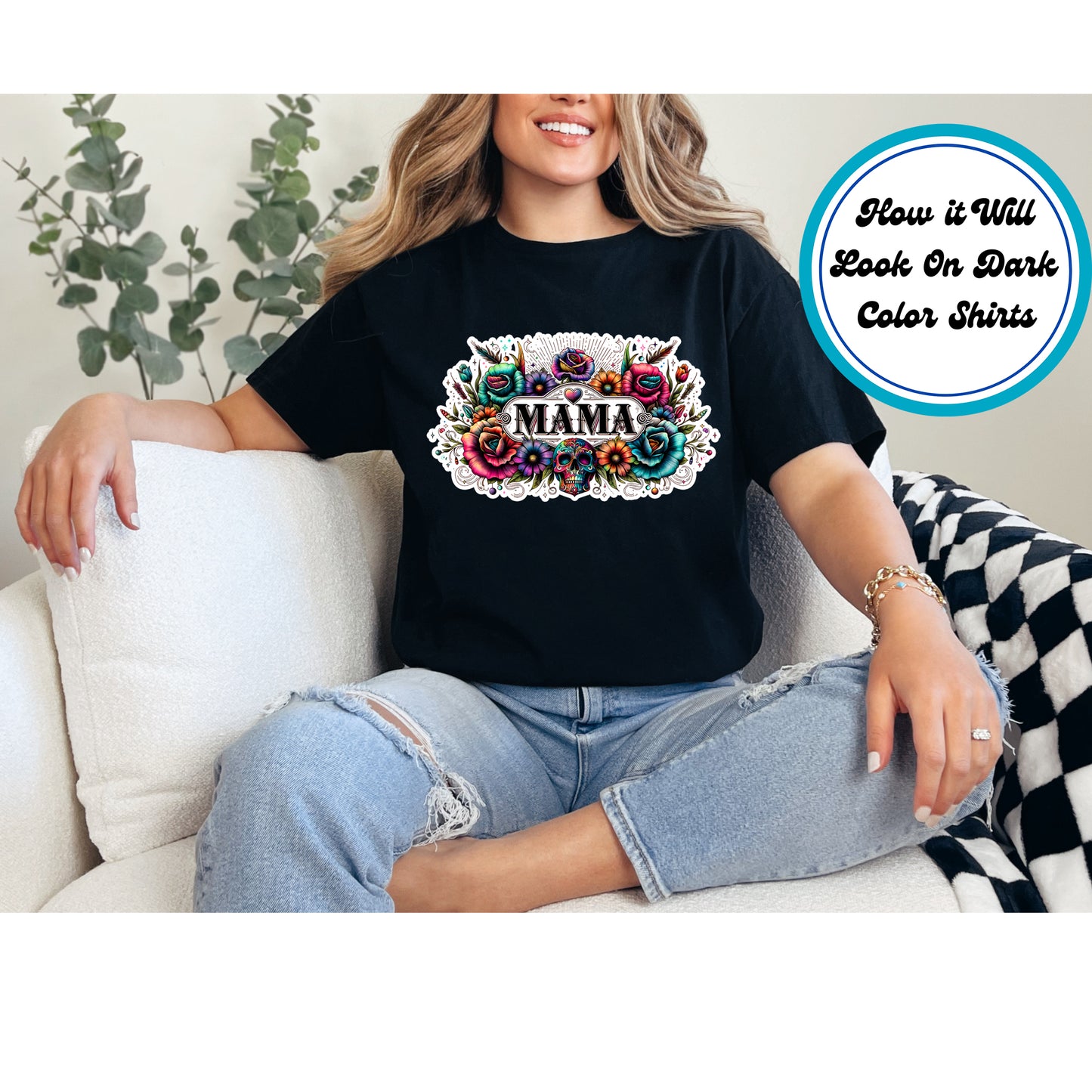 Sugar Skull Floral Mama DTF transfer with vibrant flowers and a sugar skull, perfect for Día de los Muertos.