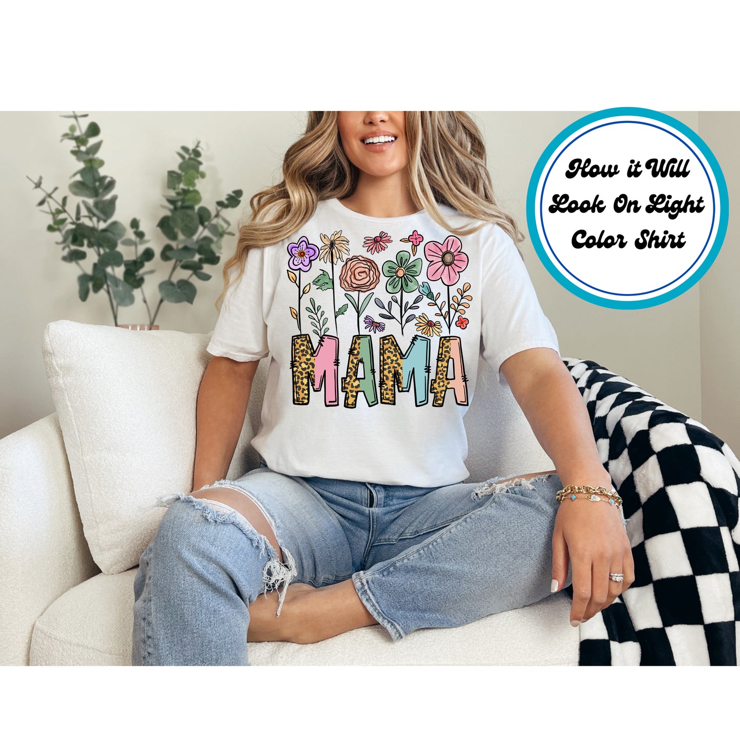 Boho Wildflower Mama DTF transfer with leopard print letters and pastel wildflowers, perfect for Mother’s Day.