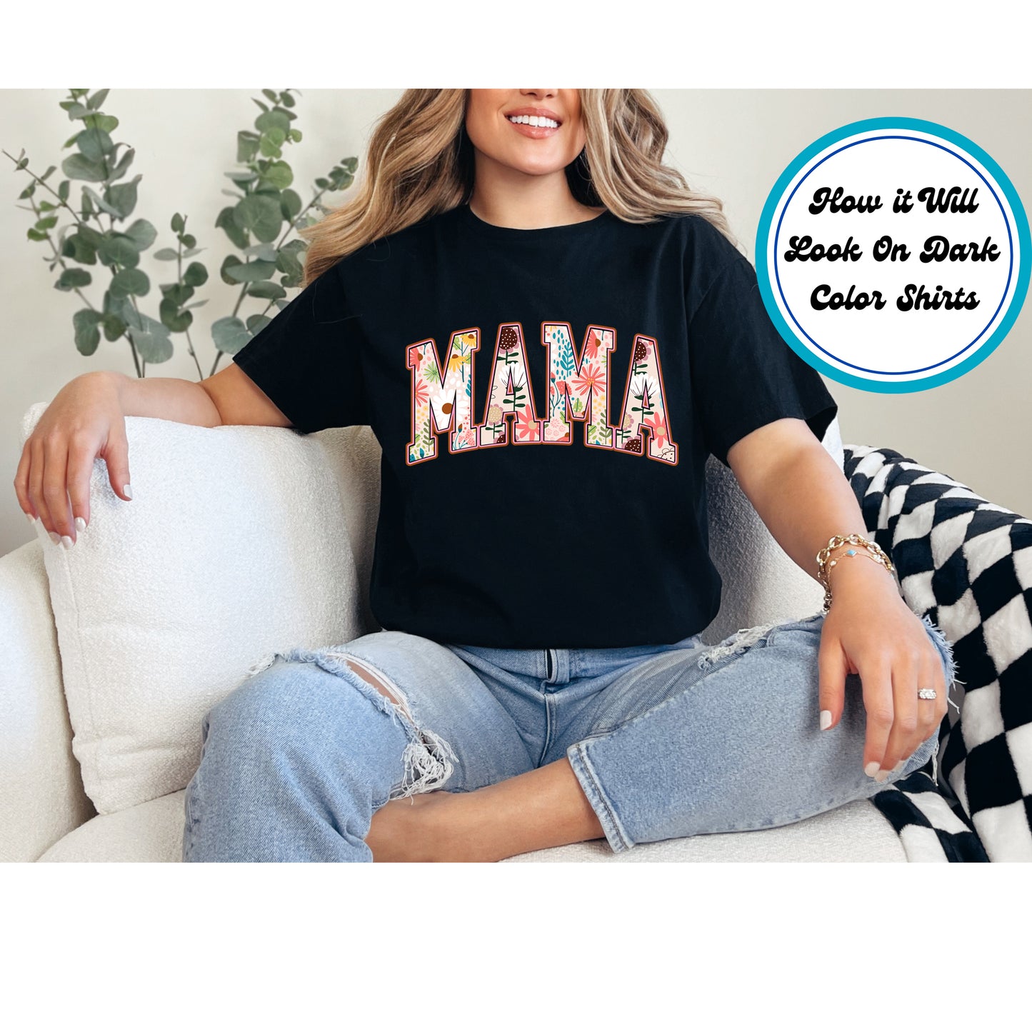 Floral Pattern Mama DTF transfer with bold varsity letters and a colorful floral pattern, perfect for Mother’s Day.
