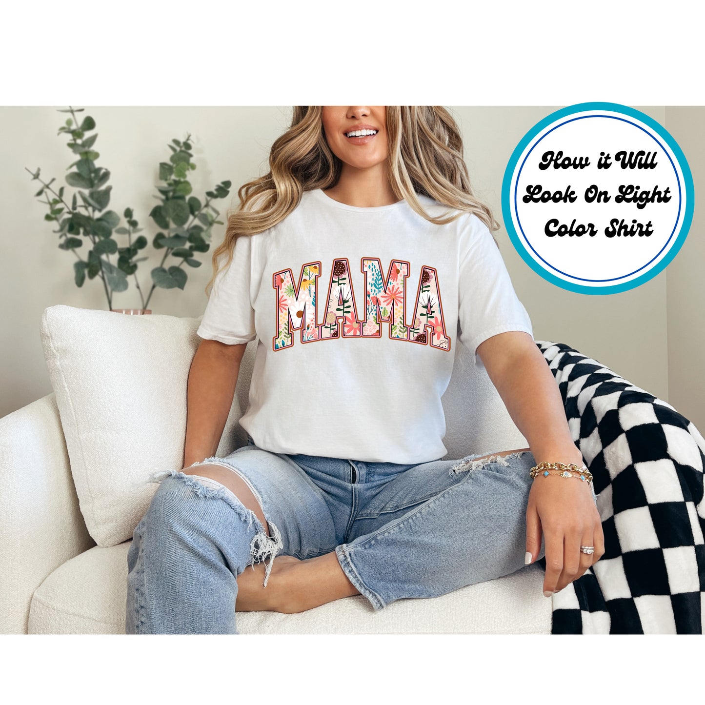 Floral Pattern Mama DTF transfer with bold varsity letters and a colorful floral pattern, perfect for Mother’s Day.