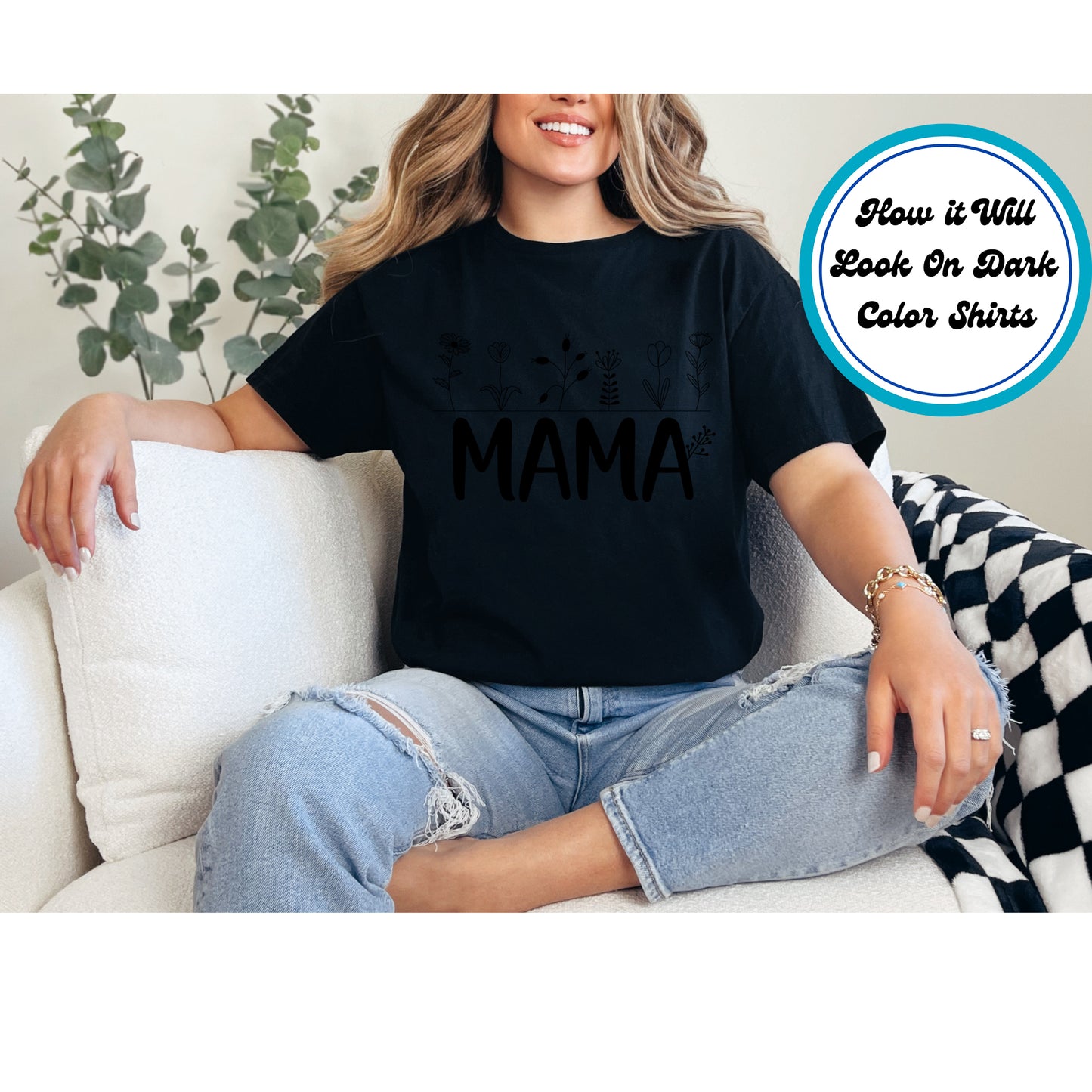 Minimalist Wildflower Mama DTF transfer with simple floral line art and bold text, perfect for Mother’s Day.