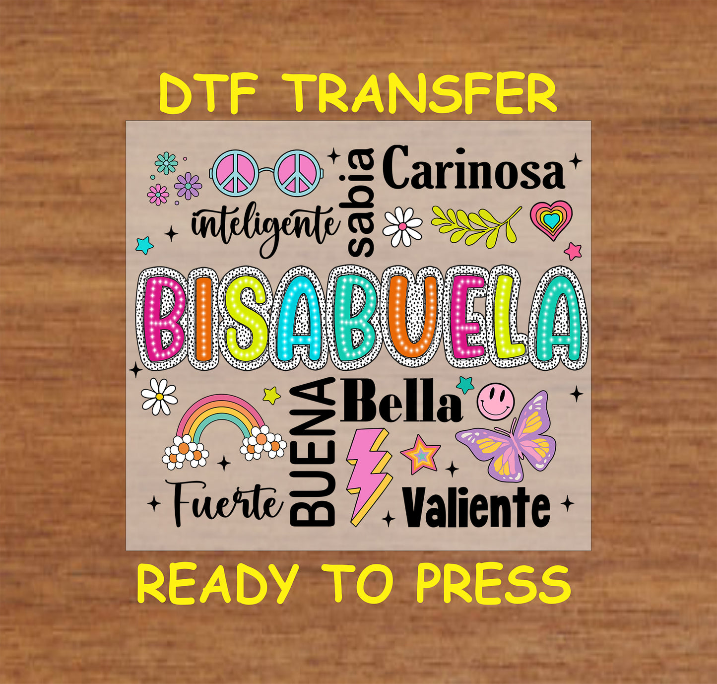Bisabuela Colorful Word Art DTF transfer with playful text, bright colors, and Spanish words, perfect for great-grandmothers.