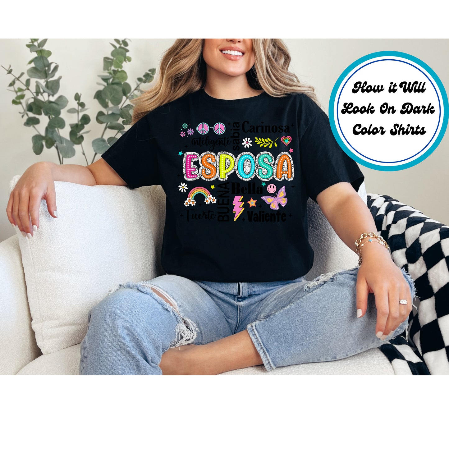 Esposa Colorful Word Art DTF transfer with playful text, bright colors, and Spanish words, perfect for wives.