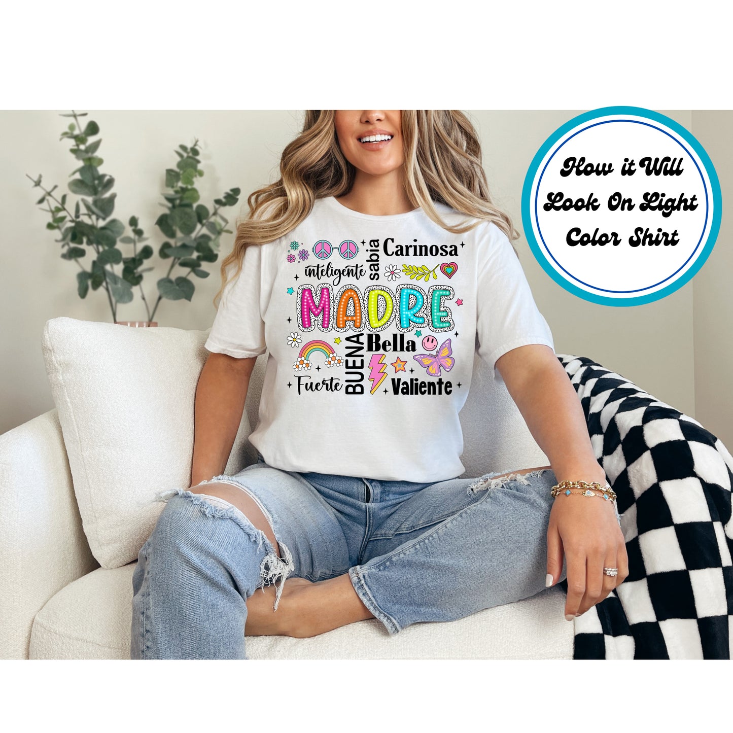 Madre Colorful Word Art DTF transfer with bright colors and Spanish words, perfect for Mother’s Day.