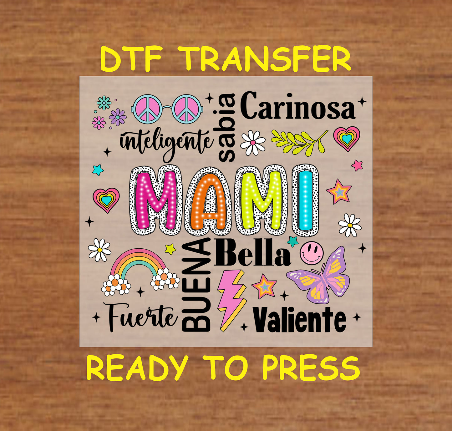 Mami Colorful Word Art DTF transfer with bright colors and Spanish words, perfect for Mother’s Day.