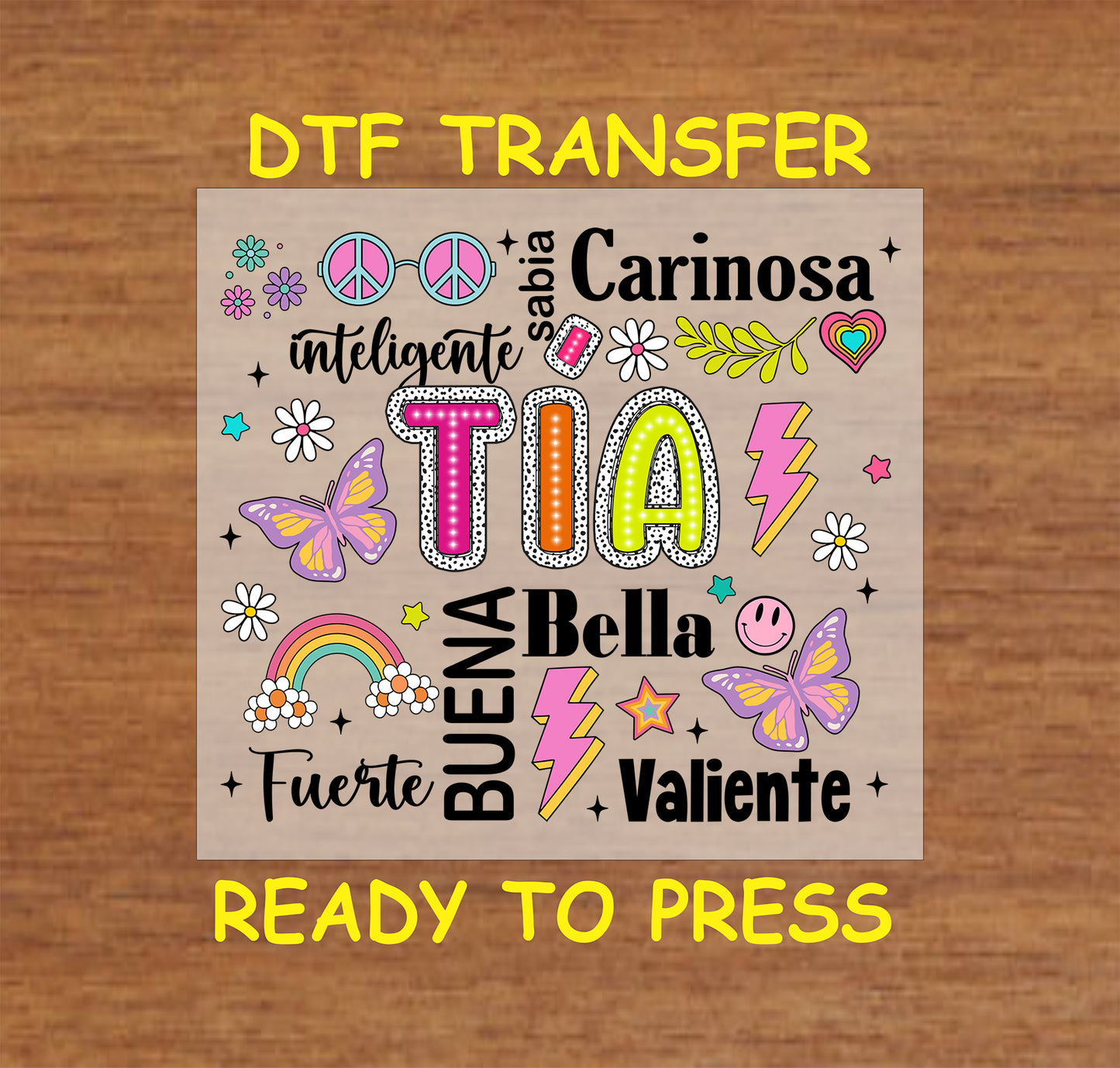 Tía Colorful Word Art DTF transfer with bright colors and Spanish words, perfect for aunts.