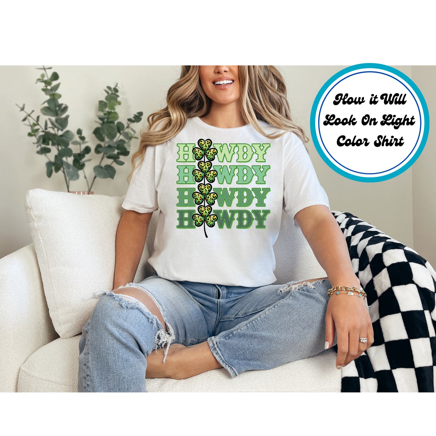 St. Patrick’s Day DTF transfer with stacked "Howdy" text and leopard print shamrocks.
