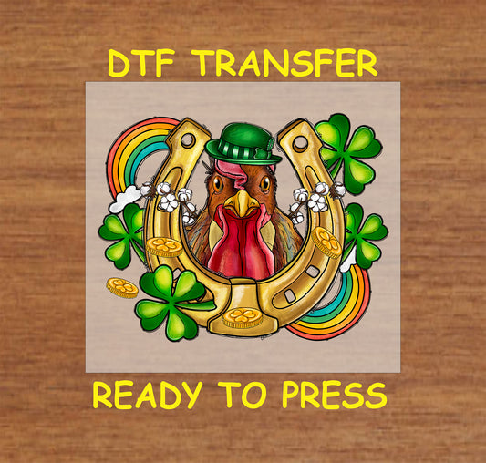 St. Patrick’s Day Lucky Rooster DTF transfer with a rooster, horseshoe, shamrocks, and rainbow.