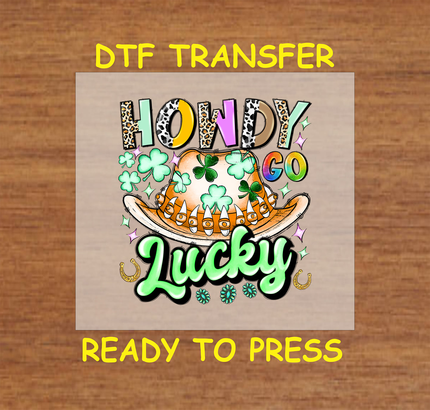 Western cowboy hat with shamrocks and "Howdy Go Lucky" text.