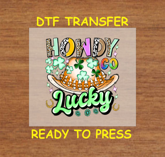 Western cowboy hat with shamrocks and "Howdy Go Lucky" text.