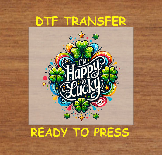 "Happy Go Lucky" typography surrounded by colorful shamrocks and swirls.