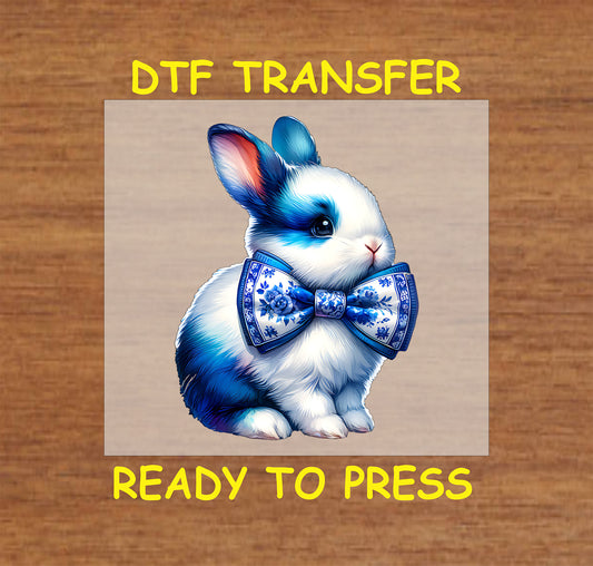 White and blue Easter bunny with a chinoiserie bow tie in a soft, elegant design.