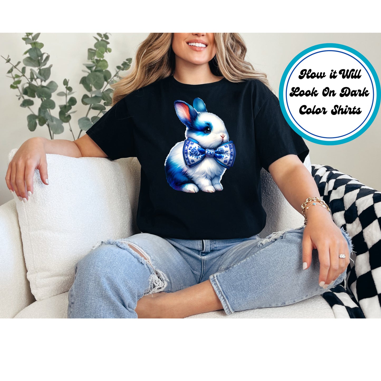 Easter DTF Transfer Iron On Heat Transfer - Ready to Press, Blue Chinoiserie Bunny DTF Transfer | Ready to Press | Easter Design 4565