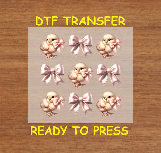 Vintage-style Easter chicks with satin bows in a soft pastel design.