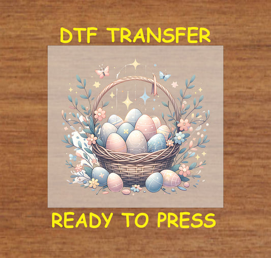 Pastel Easter basket with decorated eggs, flowers, and butterflies.