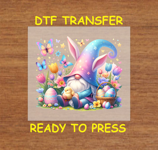 Easter gnome with bunny ears, holding a chick, surrounded by tulips, butterflies, and eggs.