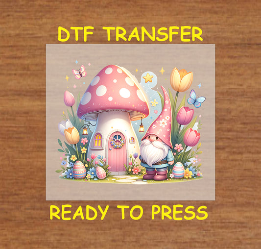 Gnome with a pink mushroom house, tulips, butterflies, and decorated Easter eggs.