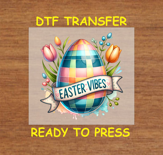 Colorful disco-style Easter egg with "Easter Vibes" banner and tulips.