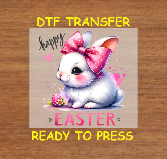 White bunny with pink bow, Easter egg, and festive text.